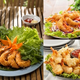 Khai vị 3 món : Tôm chiên - mực chiên - cá bống trứng 