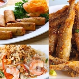 Khai vị 4 món : Chả giò - cá bống trứng - mực chiên - gỏi 